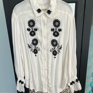 We The Free White and Black Embroidered Top